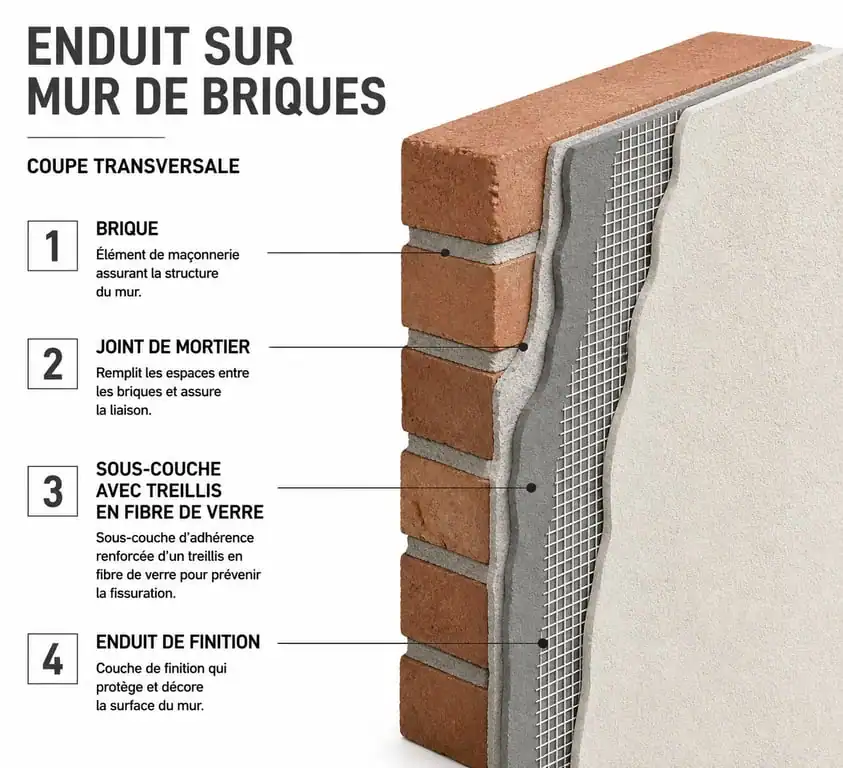 Schéma technique d'une coupe de mur en brique avec enduit et trame