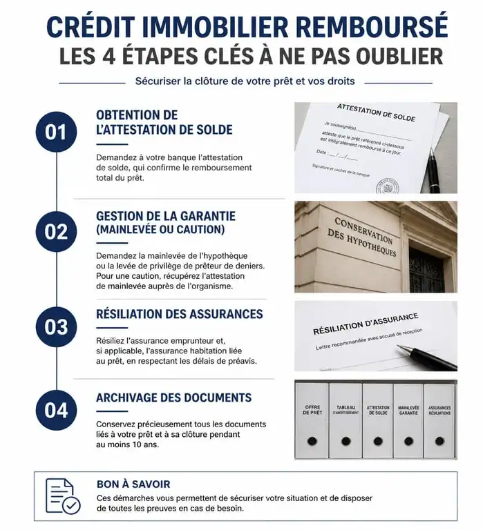 Infographie des démarches administratives après avoir fini de payer son crédit immobilier