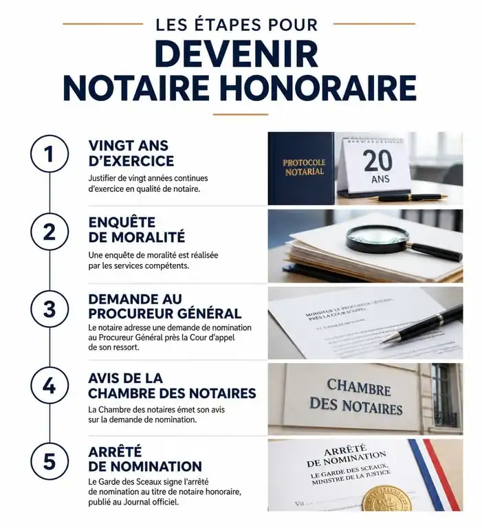 Schéma des étapes pour obtenir le titre de notaire honoraire en France