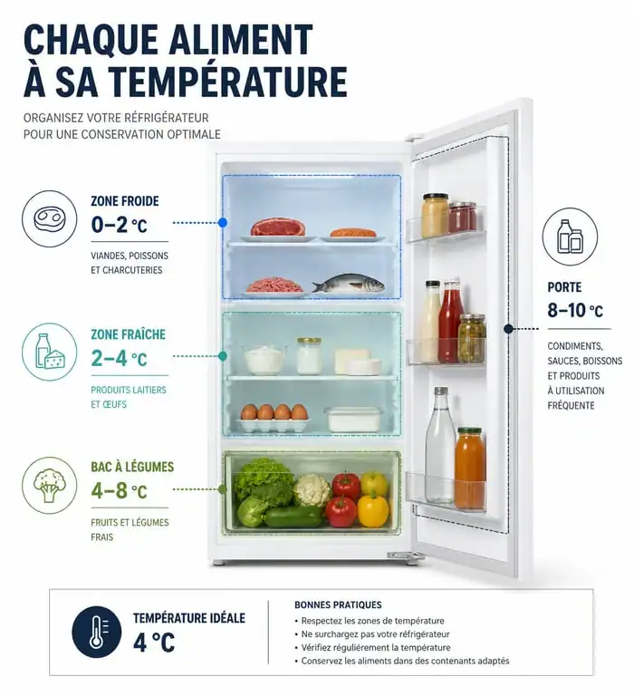 Schéma des zones de température pour bien ranger son frigo et optimiser la conservation des aliments