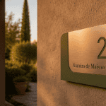 Numero de maison design inox aluminium vert sur facade taupe
