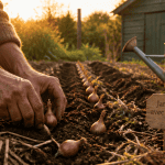 Quand planter les échalotes avec la lune, mains plantant caïeux au potager