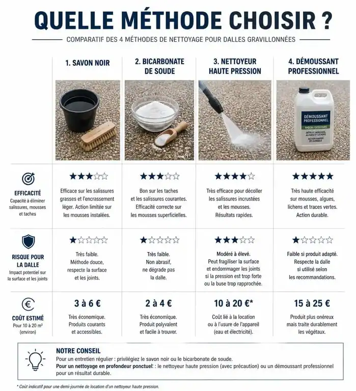 Infographie comparative des méthodes pour nettoyer des dalles gravillonnées noircies