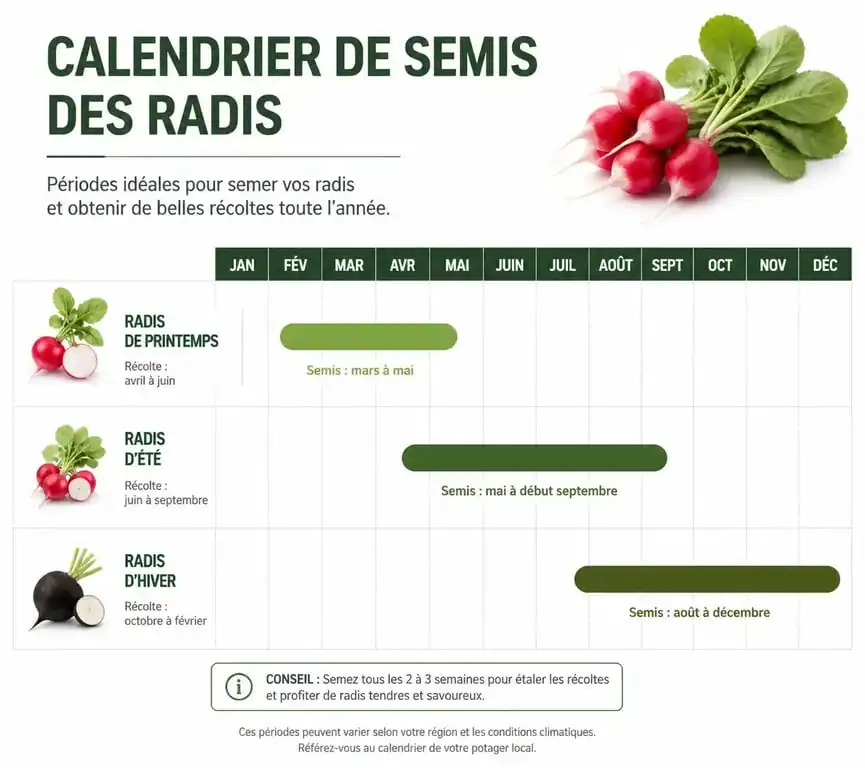 Calendrier de semis des radis : périodes idéales pour semer les radis de printemps, d'été et d'hiver au potager.