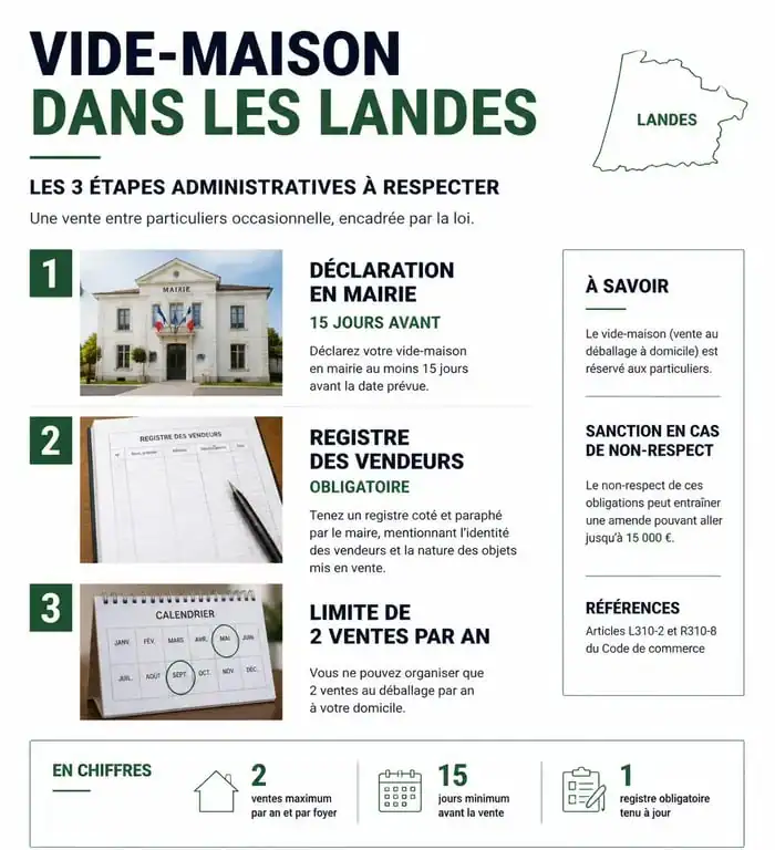 Infographie des étapes administratives pour organiser un vide-maison dans les Landes 40