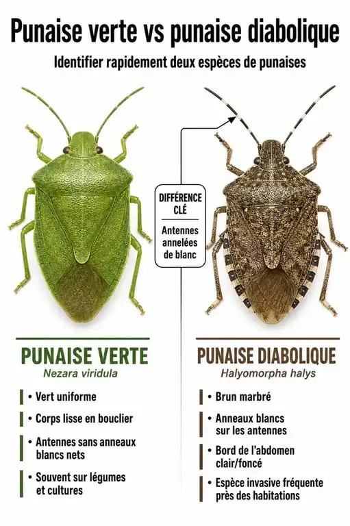 Infographie comparative pour l'identification des punaises de jardin : punaise verte et punaise diabolique