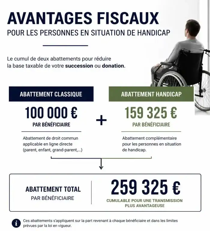 Schéma des avantages fiscaux et abattements pour les personnes en situation d'invalidité lors d'une succession.