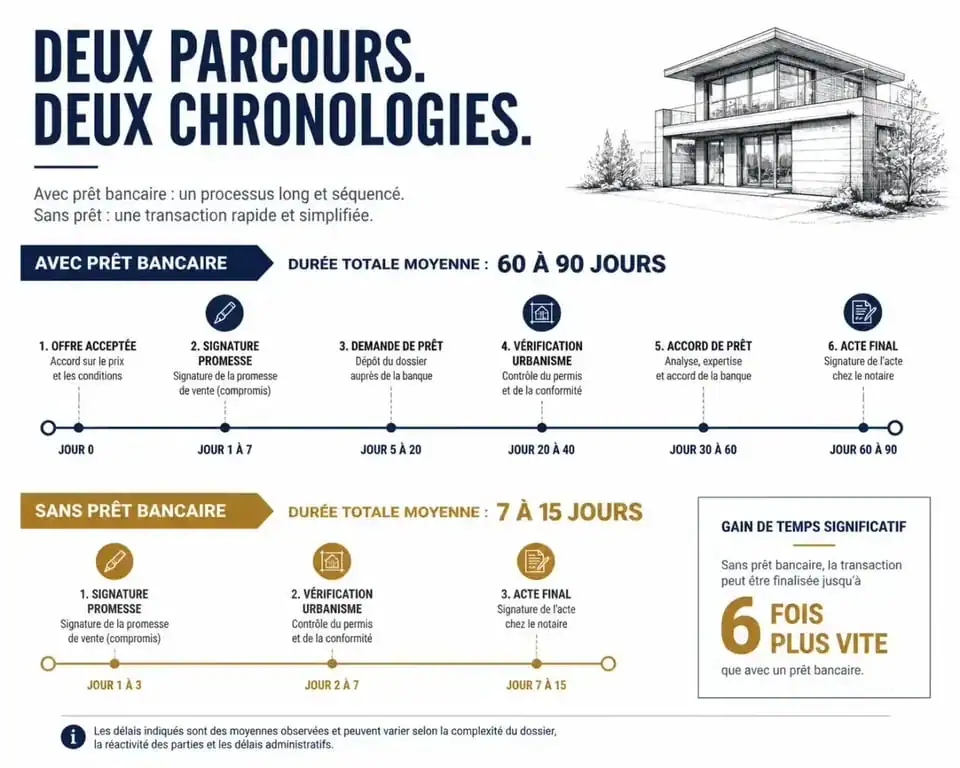 Infographie comparative des délais d'un compromis de vente avec et sans emprunt immobilier
