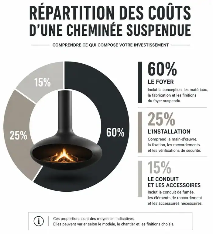 Répartition du budget pour l'installation d'une cheminée suspendue : prix du foyer, pose et accessoires