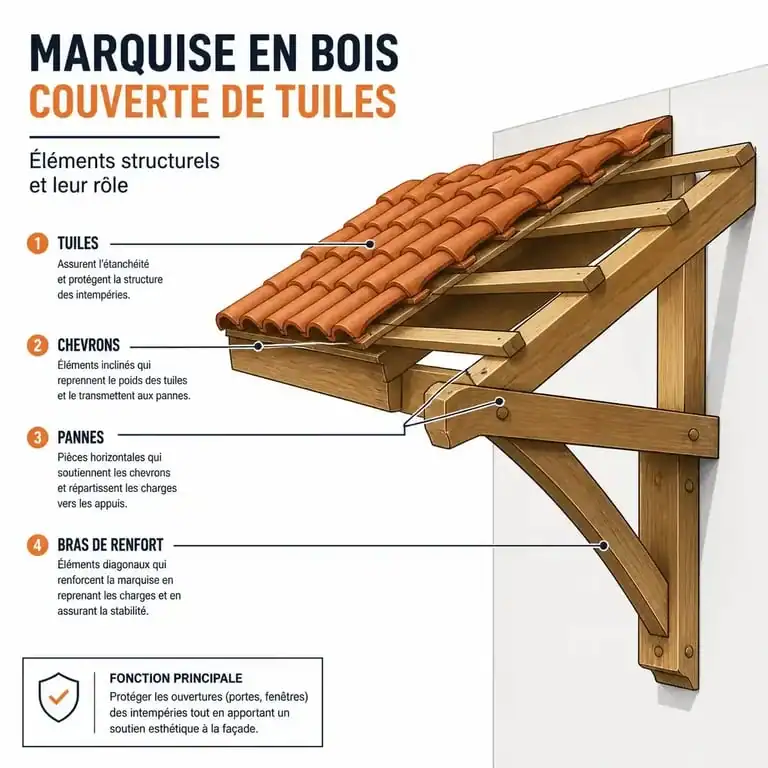 Schéma technique des composants d'une marquise en tuiles pour entrée de maison