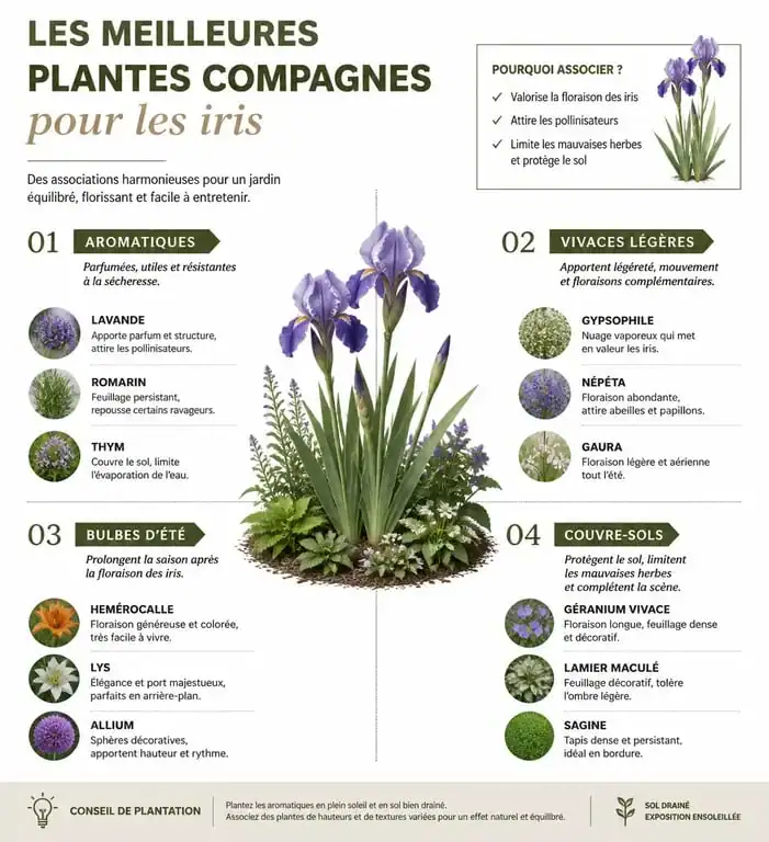 Infographie des plantes compagnes idéales pour les iris au jardin