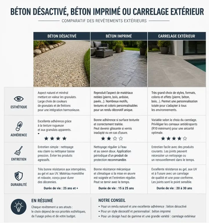 Comparatif des revêtements de terrasse : béton désactivé, béton imprimé et carrelage extérieur pour votre projet de terrasse.