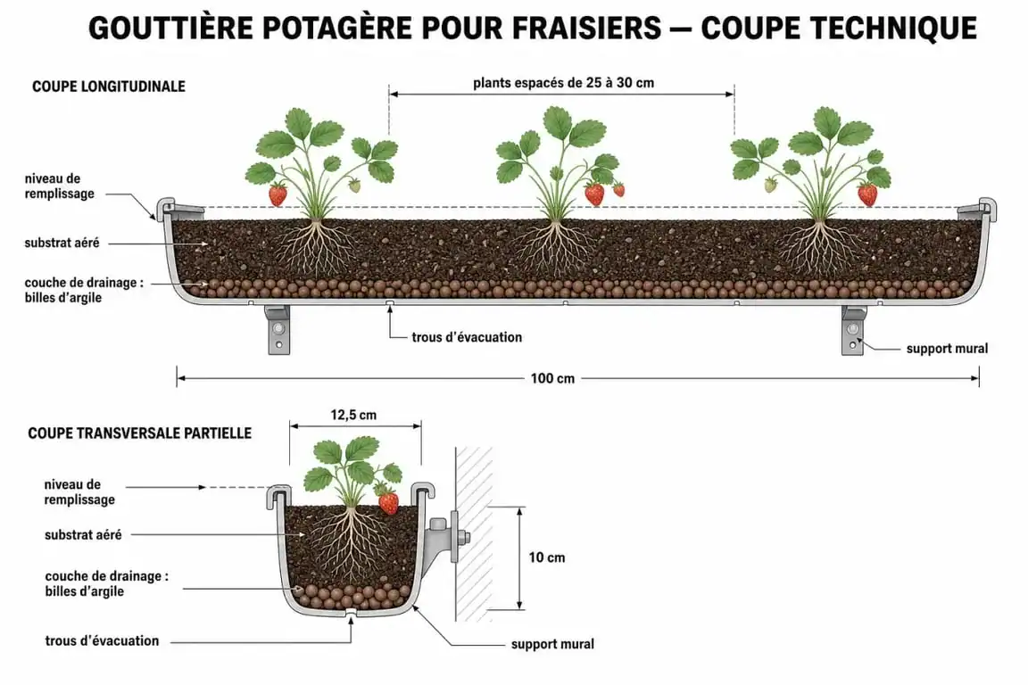 Schéma technique de plantation de fraisiers dans une gouttière