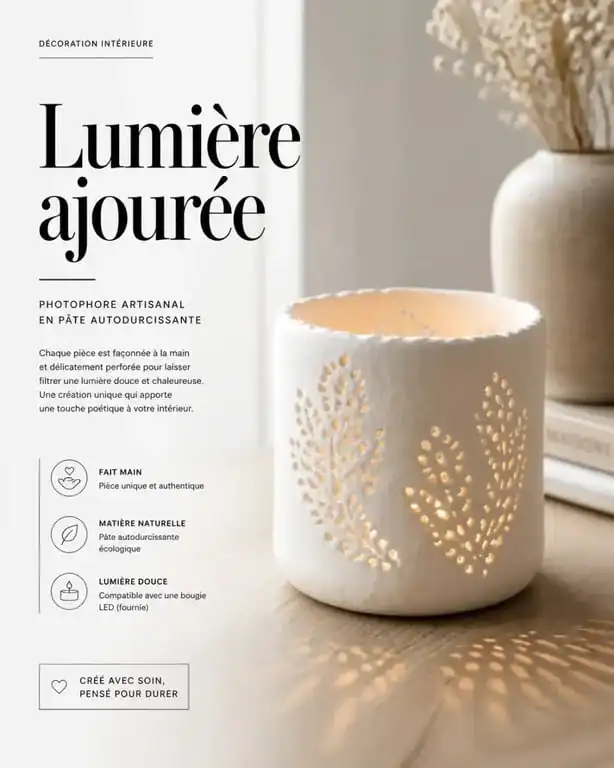 Photophore en pâte autodurcissante blanche fait main avec des motifs lumineux projetés sur une table en bois