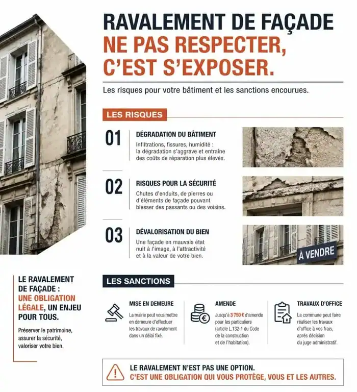 Infographie des risques et sanctions liés au non-respect du ravalement de façade