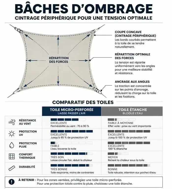 Schéma technique expliquant le cintrage périphérique et comparatif des matières pour bâches d'ombrage