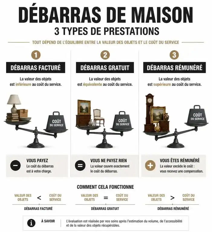 Infographie comparative des solutions de vide maison 65 : débarras facturé, gratuit ou rémunéré.