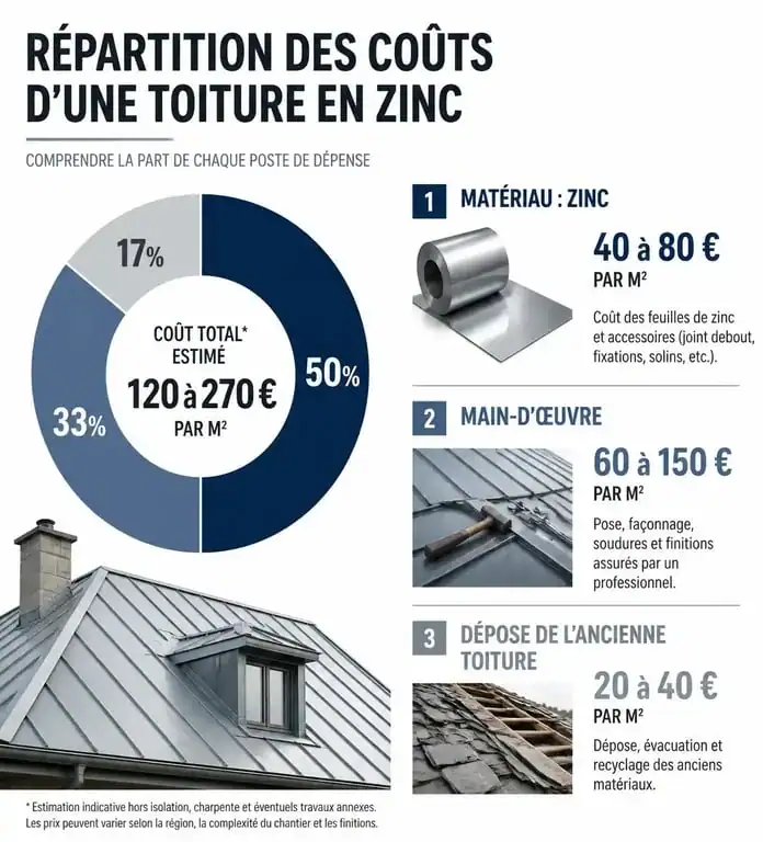Répartition des coûts pour le prix d'un toit en zinc : matériau, main-d'œuvre et dépose