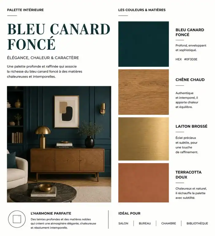 Palette de couleurs pour décoration intérieure avec bleu canard foncé, bois de chêne, laiton et terracotta