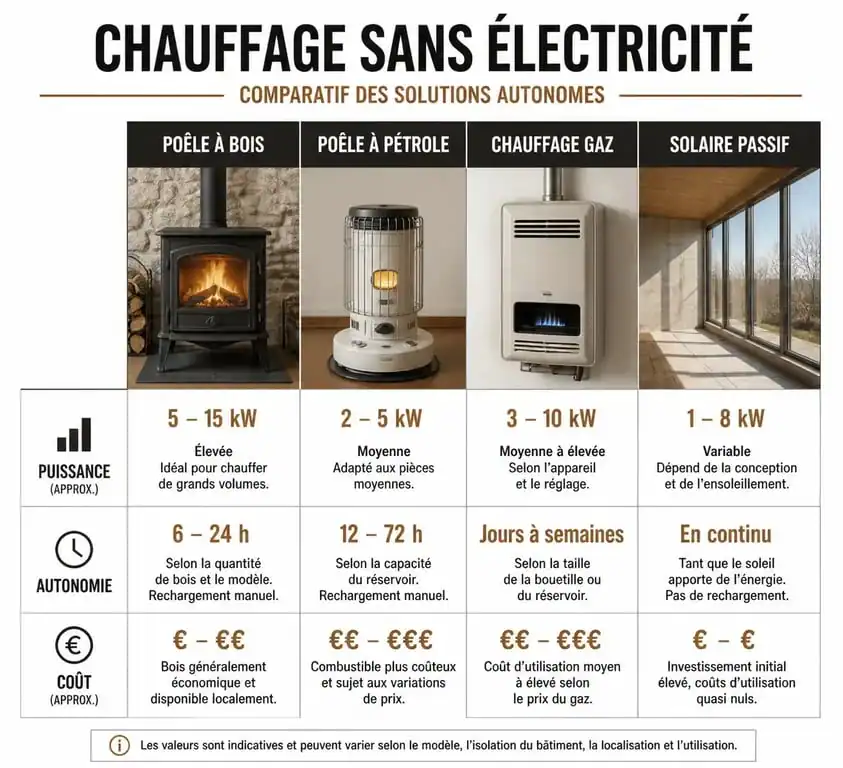 Tableau comparatif des solutions pour chauffer une pièce sans électricité : poêle à bois, gaz, pétrole et solaire passif.