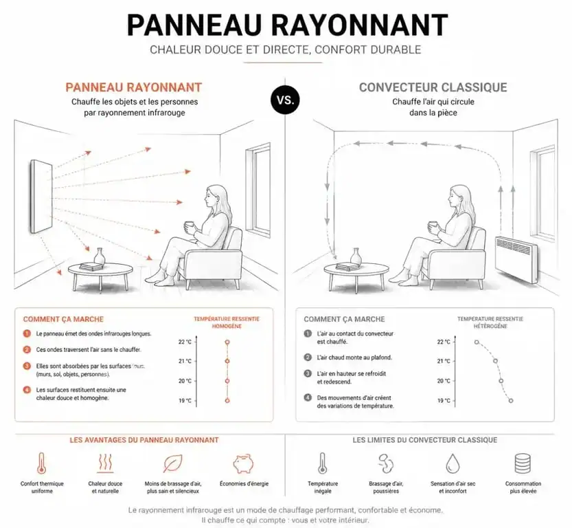 Schéma du fonctionnement d'un panneau rayonnant par rayonnement infrarouge