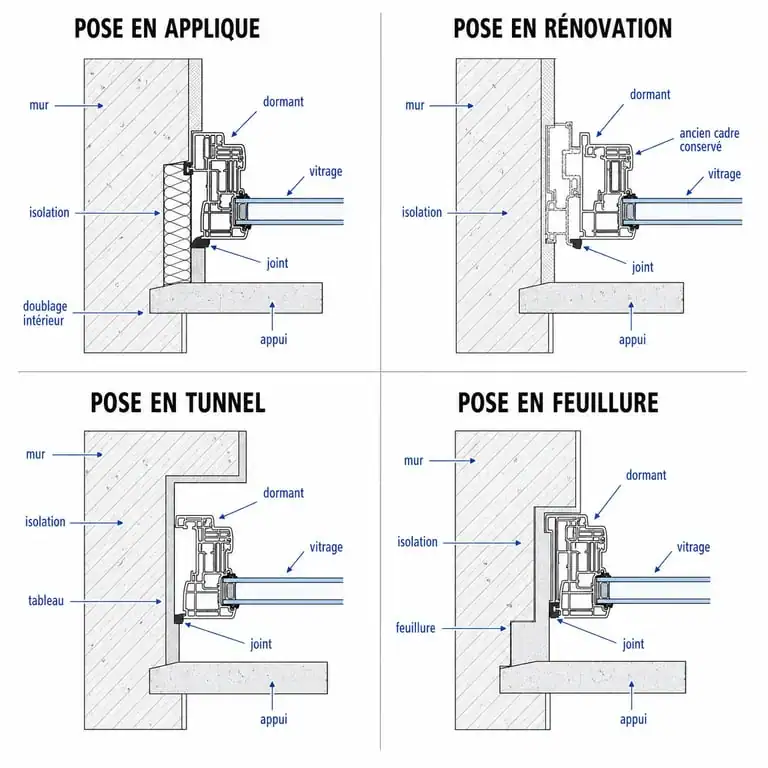 Schéma comparatif des méthodes d'installation de baie vitrée : applique, rénovation, tunnel et feuillure