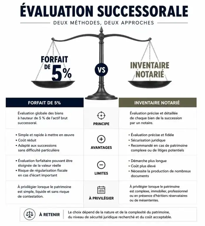 Infographie comparant le forfait mobilier de 5% et l'inventaire notarié pour la liste des meubles meublants en succession