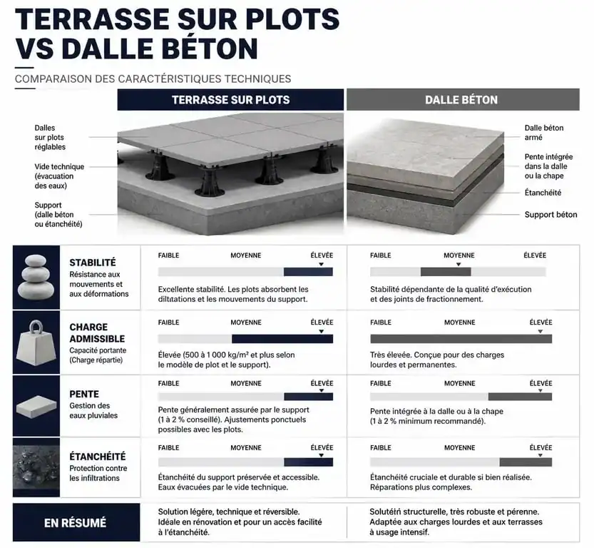 Tableau comparatif des inconvénients et avantages d'une terrasse sur plots par rapport à une dalle béton