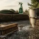 Nettoyer des dalles gravillonnées noircies avec brosse et savon noir entre les joints