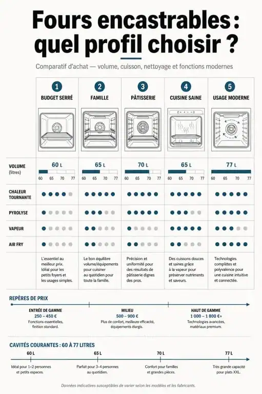 Four encastrable comparatif : infographie des critères de choix selon l’usage, le volume, le nettoyage et les fonctions