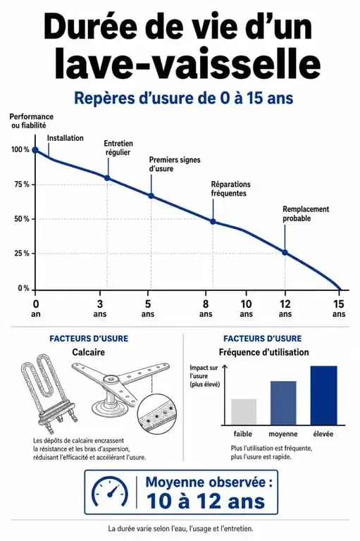 Infographie sur la durée de vie moyenne d'un lave-vaisselle et facteurs d'usure