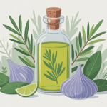 Huile de romarin cheveux avis, flacon et chevelure stylisée