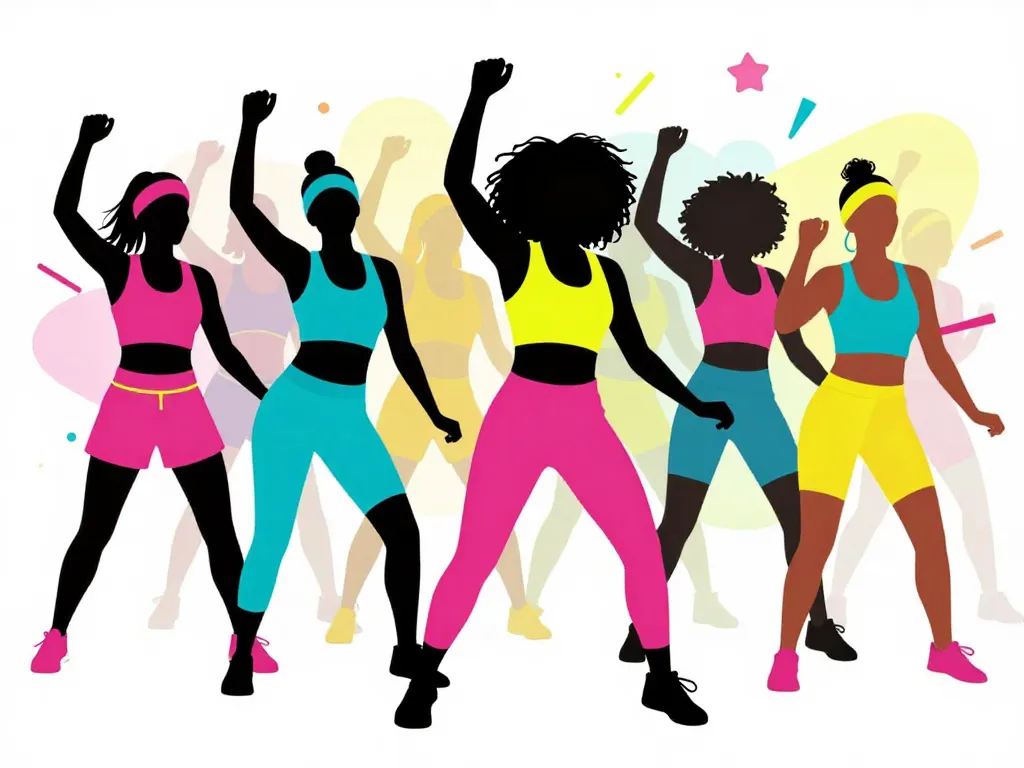 groupe de femmes en pleine danse en tenue pour zumba femme colorée et accessoires