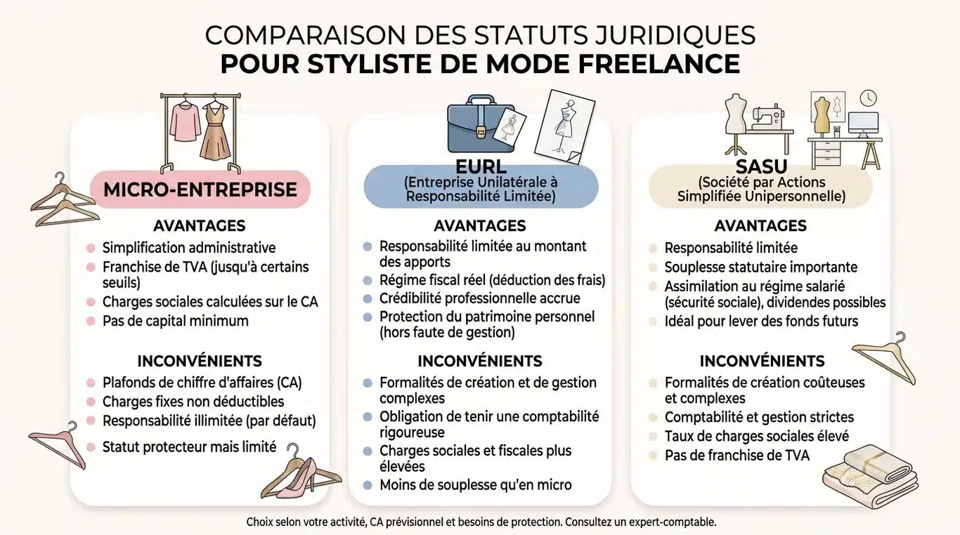 Infographie comparative des statuts juridiques pour styliste freelance : Micro-entreprise, EURL et SASU