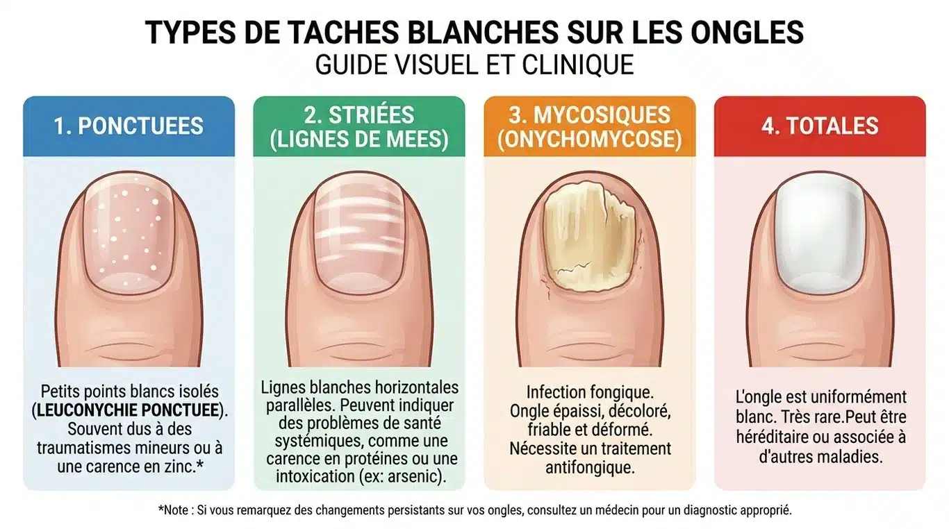 Infographie comparative des différents types de leuconychie et leurs caractéristiques visuelles