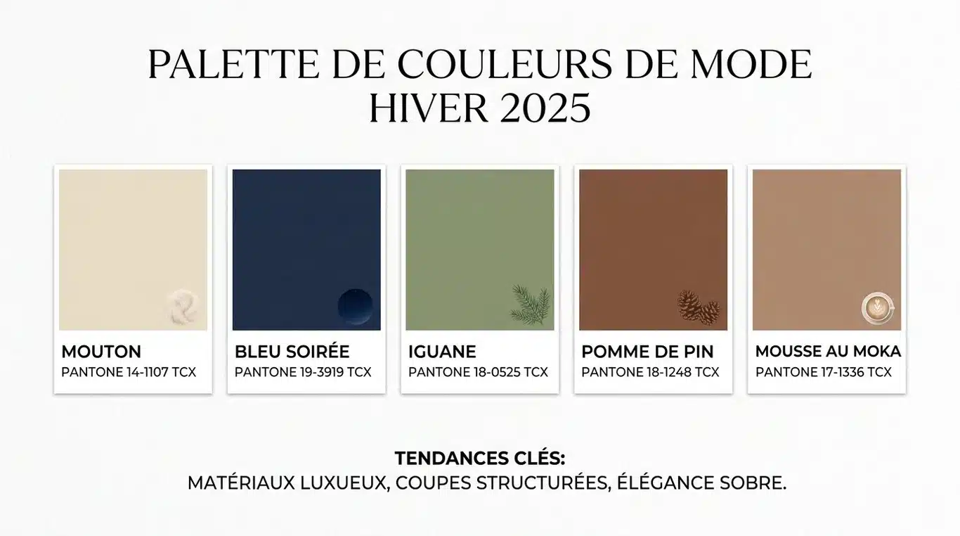 Infographie des couleurs tendance mode hiver 2025 avec codes Pantone