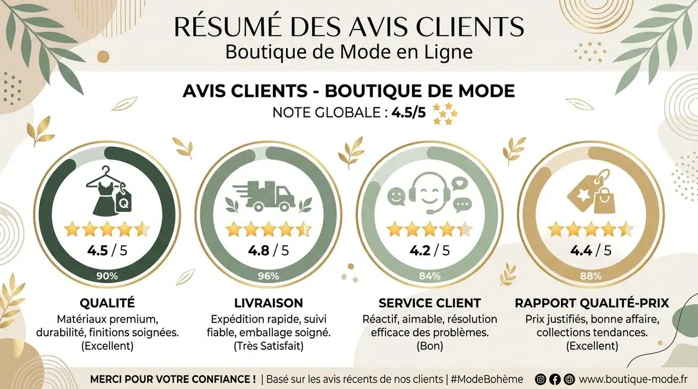 Infographie récapitulative des avis clients pour La Boutique de Lilie : qualité, livraison, service client et rapport qualité-prix.