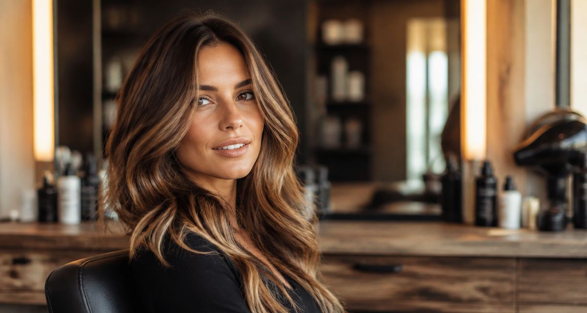 Balayage chocolat noisette lumineux femme brune