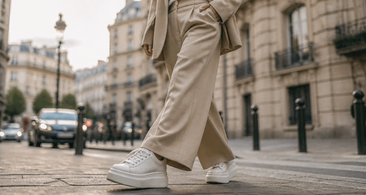 basket blanche femme tendance 2025 sur trottoir parisien