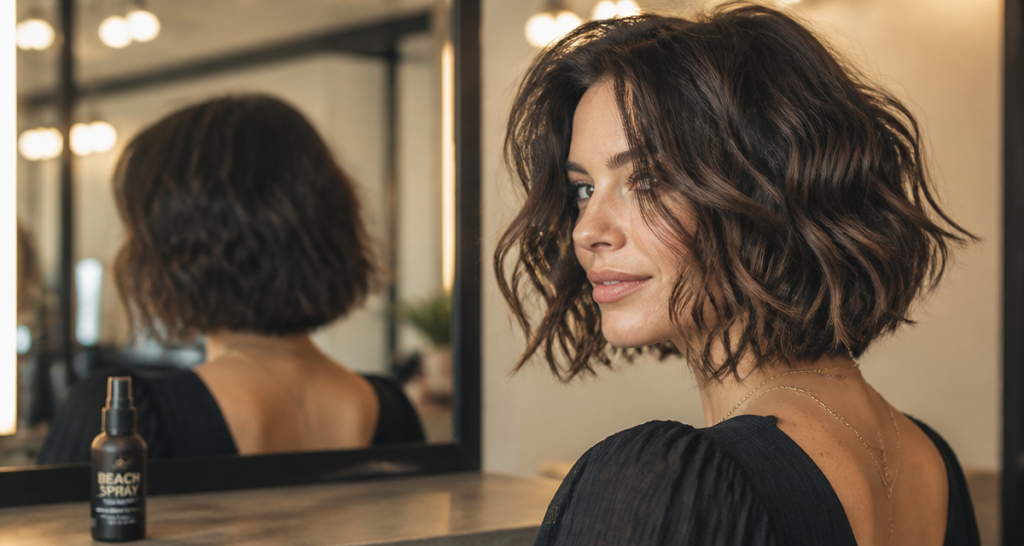 Carré wavy cheveux epais devant miroir salon