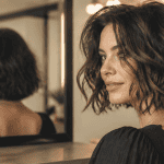 Carré wavy cheveux epais devant miroir salon