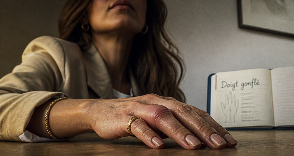 doigt gonflé et du mal à le plier, main féminine, index enflé