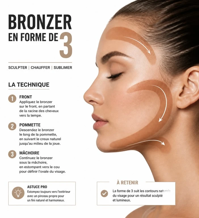 Technique d'application du meilleur bronzer en forme de 3 sur le visage pour un effet naturel