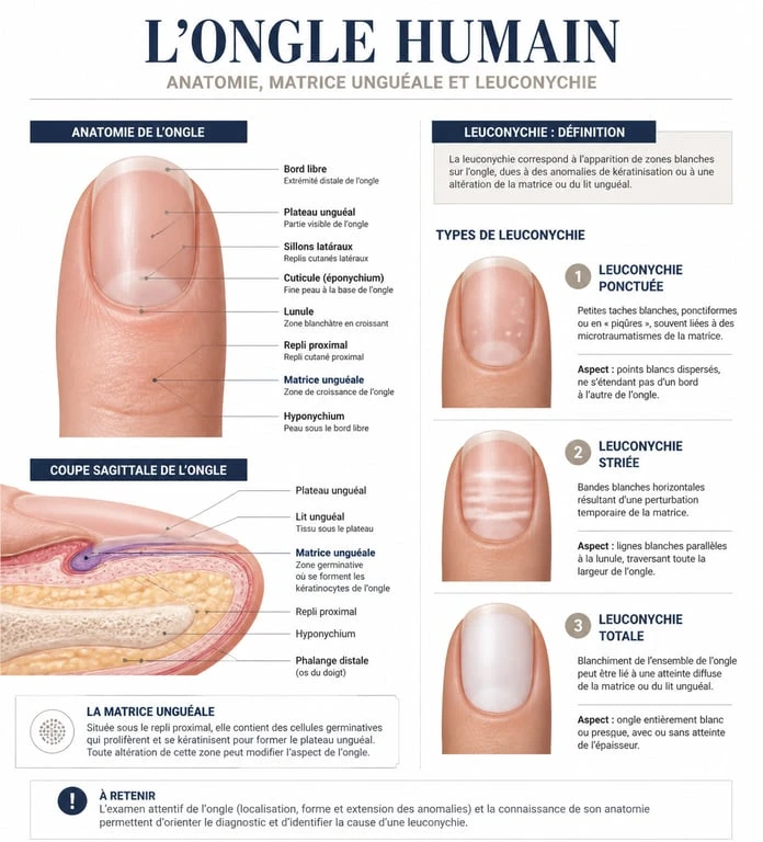 Schéma explicatif des différents types de leuconychie et lignes blanches sur les ongles