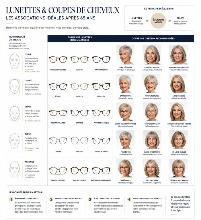 Infographie des meilleures coupes de cheveux pour femme 65 ans avec lunettes selon la forme du visage