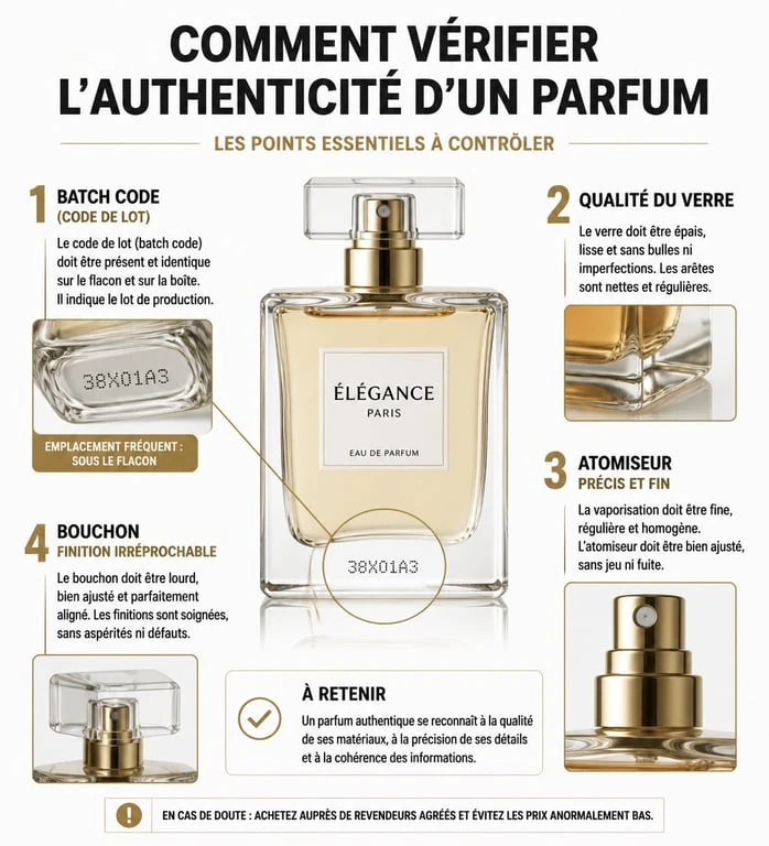 Infographie des points de vérification pour l'authenticité d'un parfum moins cher