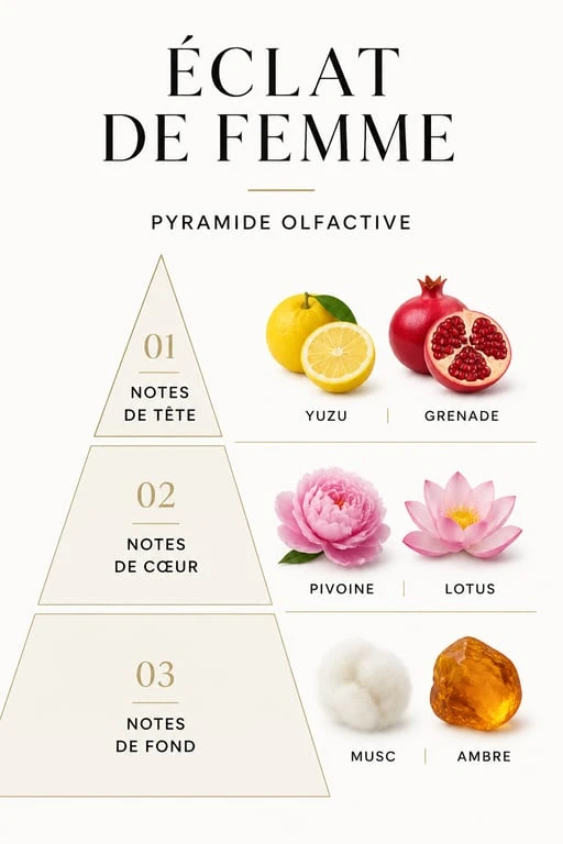 Pyramide olfactive du parfum Éclat de Femme avec notes de tête, cœur et fond