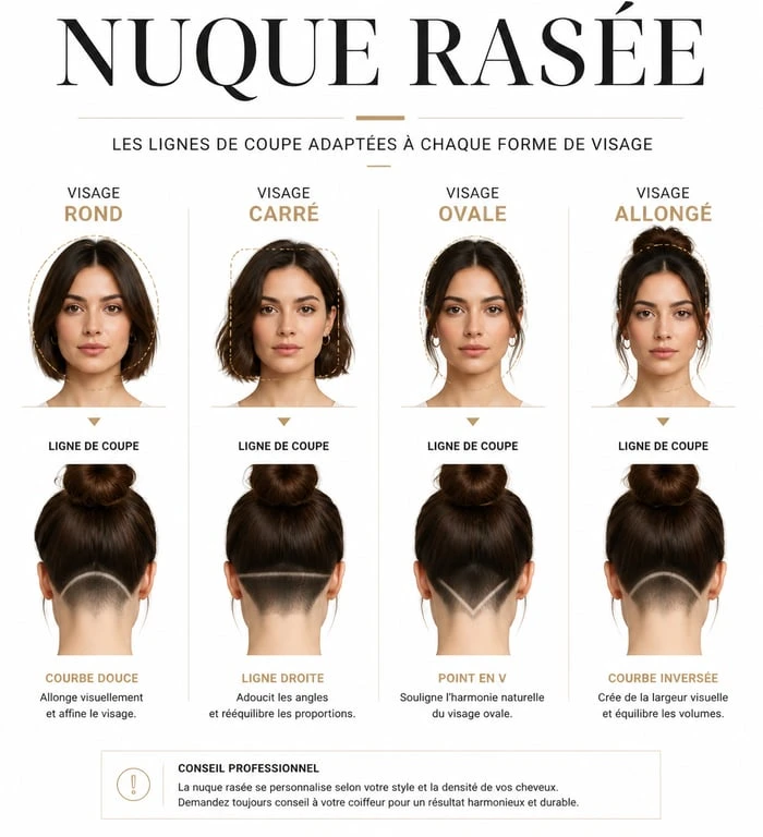 Infographie illustrant l'adaptation de la coupe très courte femme nuque rasée selon la forme du visage