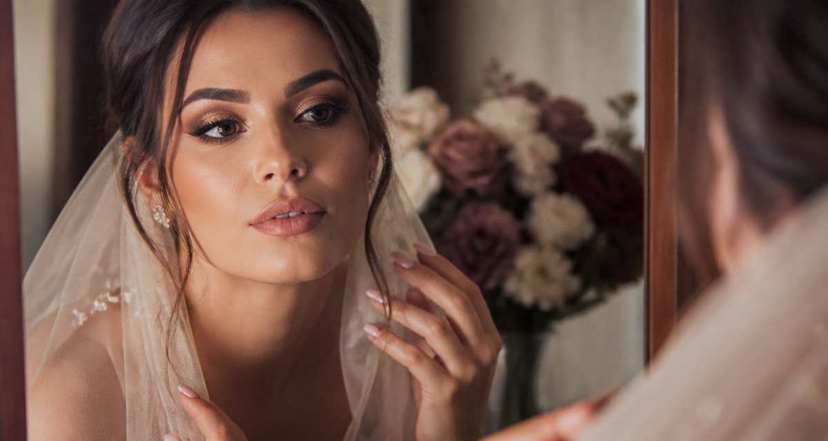 Maquillage yeux marron pour mariage, portrait mariée