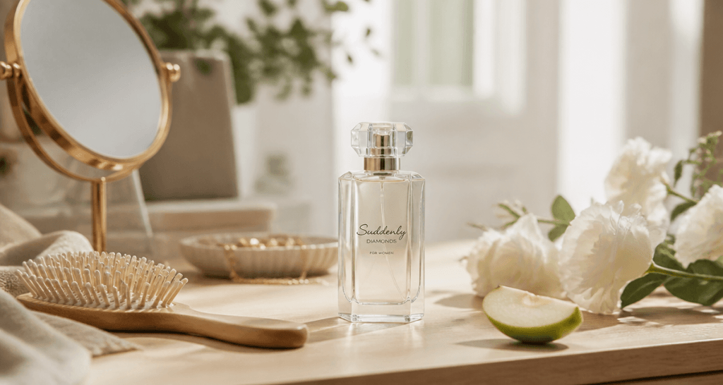parfum suddenly diamonds avis flacon minimaliste sur coiffeuse